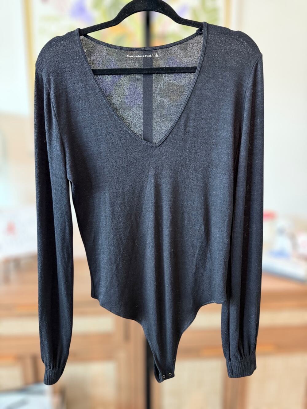 Abercrombie & Fitch Deep V-Neck Long Sleeve Bodysuit Dark Gray Womens Size Large